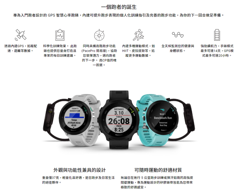 Garmin 佳明 Forerunner 55 繁體中文版 (湖水藍) 010-02562-22